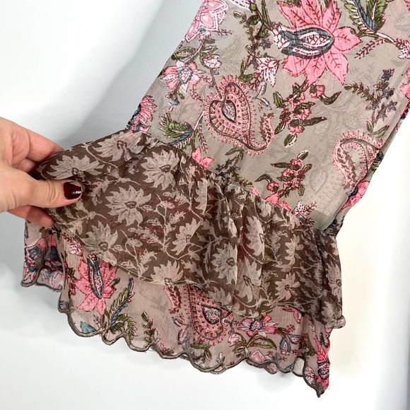 Hemant & Nandita Fara Paisley Floral  Pink & Tan Boho Tie Waist Dress M - Picture 8 of 12